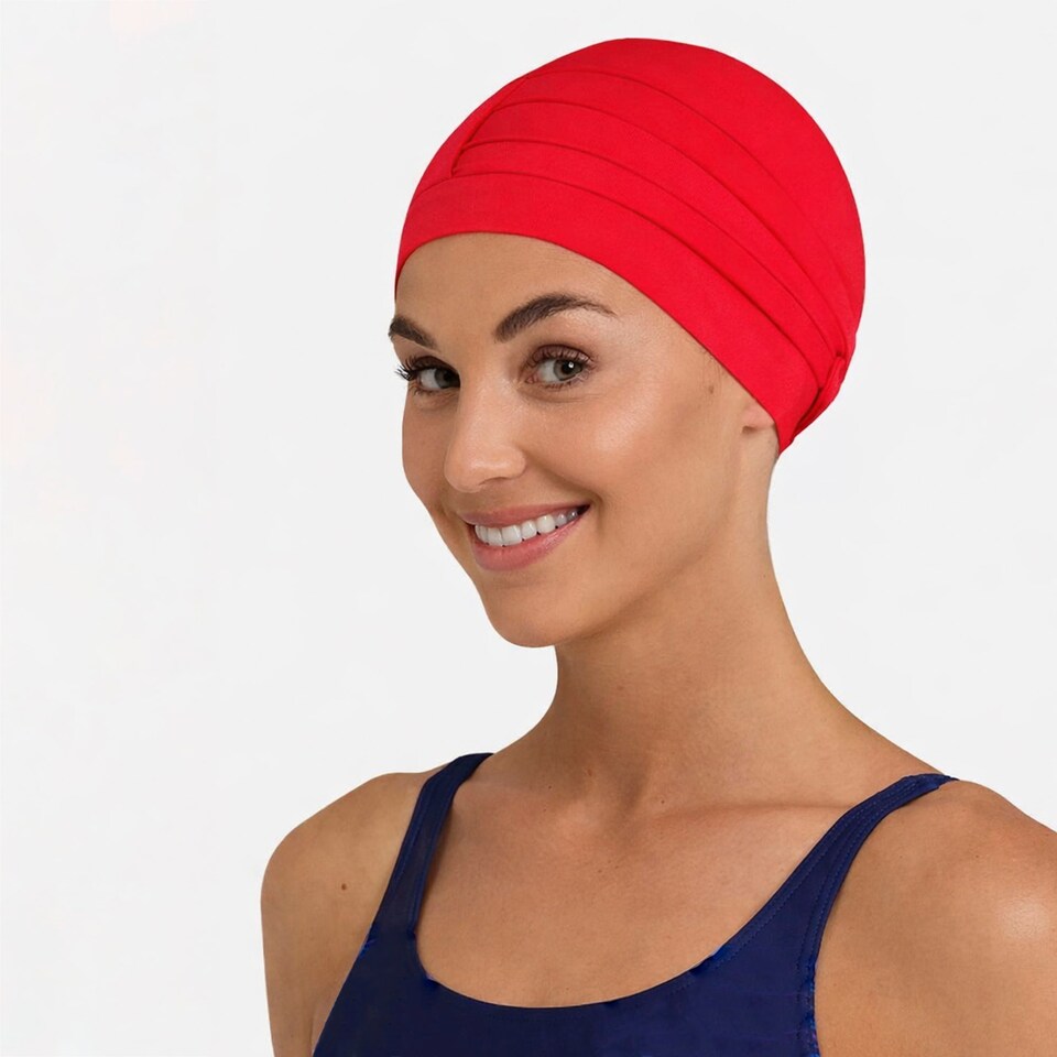 image 1 of Ladies Comfortable Fabric Swimming Cap | Turban Style Lightweight Swim Cap | Red | Red | One Size | 1