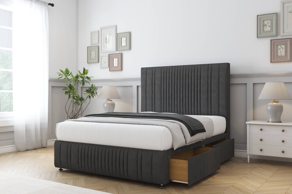 image 1 of Sloomy Kingsley Graphite Dumfries Divan Bed Base 2 Drawers Right Side With 26 Inch Strutted Headboard & 12 Inch Matching Footboard | Grey | Graphite | Small Single | 1