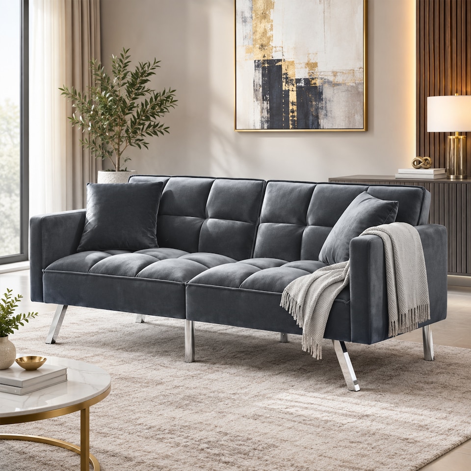 image 1 of Sofa Bed 2 Seater Grey Velvet Click Clack Sofa Settee Recliner Couch with Metal Legs with 2 Pillows