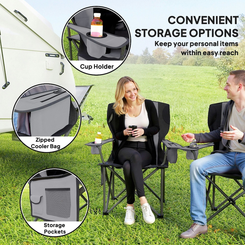 image 1 of Outsunny Set of 2 Padded Folding Picnic Chairs with Cooler Bag, Grey Black | Black
