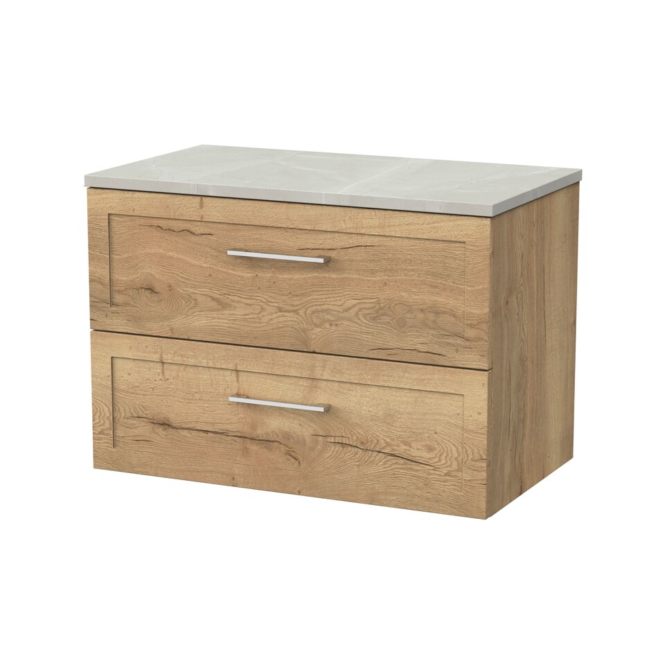 image 1 of Balterley Stonnall Traditional Wall Hung 2 Drawers Vanity Unit with Marble Plaster Laminate Worktop, 800mm, Autumn Oak