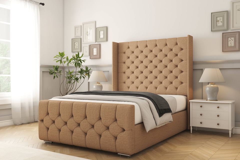 image 1 of Sloomy Luthor Latte Dumfries Bed Frame With 50"  Upholstered Wingback Headboard 5' King