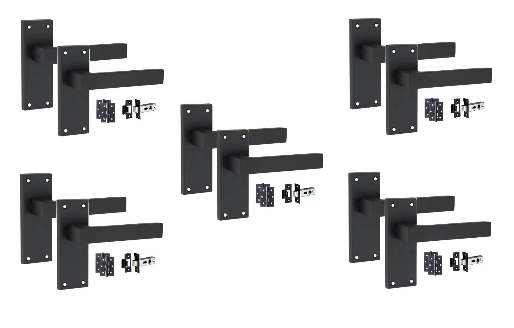 Golden Grace 5 Sets Victorian Straight Delta Door Handles Latch in Matt Black with 1 Pair of 3" Ball Bearing Hinges & Latches Pack - 120mm x 40mm Back