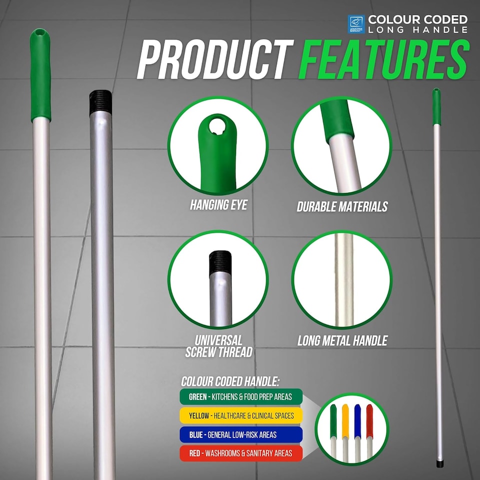 image 1 of Colour-Coded Aluminium Mop & Broom Handle 120cm Universal Screw Fit
