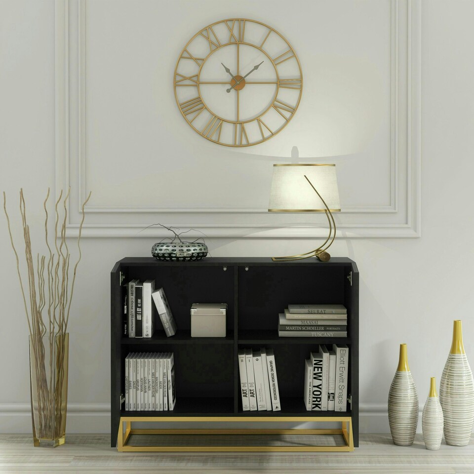 image 1 of Black Sideboard 100cm Fluted Doors Gold Frame Modern Storage Cabinet