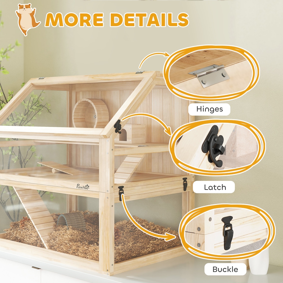 image 1 of PawHut Wooden Hamster Cage, 3 Tier Gerbil Cage with Detachable 31cm Deep Bottom, Hut, Seesaw, Exercise Wheel, Ramps, Natural Wood Finish