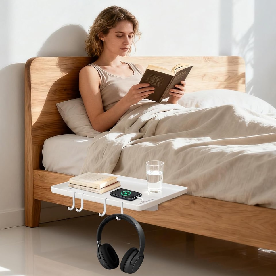 image 1 of Bedside Shelf for Bunk Beds & Bed Frames - Floating Bedside Tray with 4 Hooks, No-Drill Installation - Ideal for Dorm Rooms, Kids Rooms & Small Spaces (White)