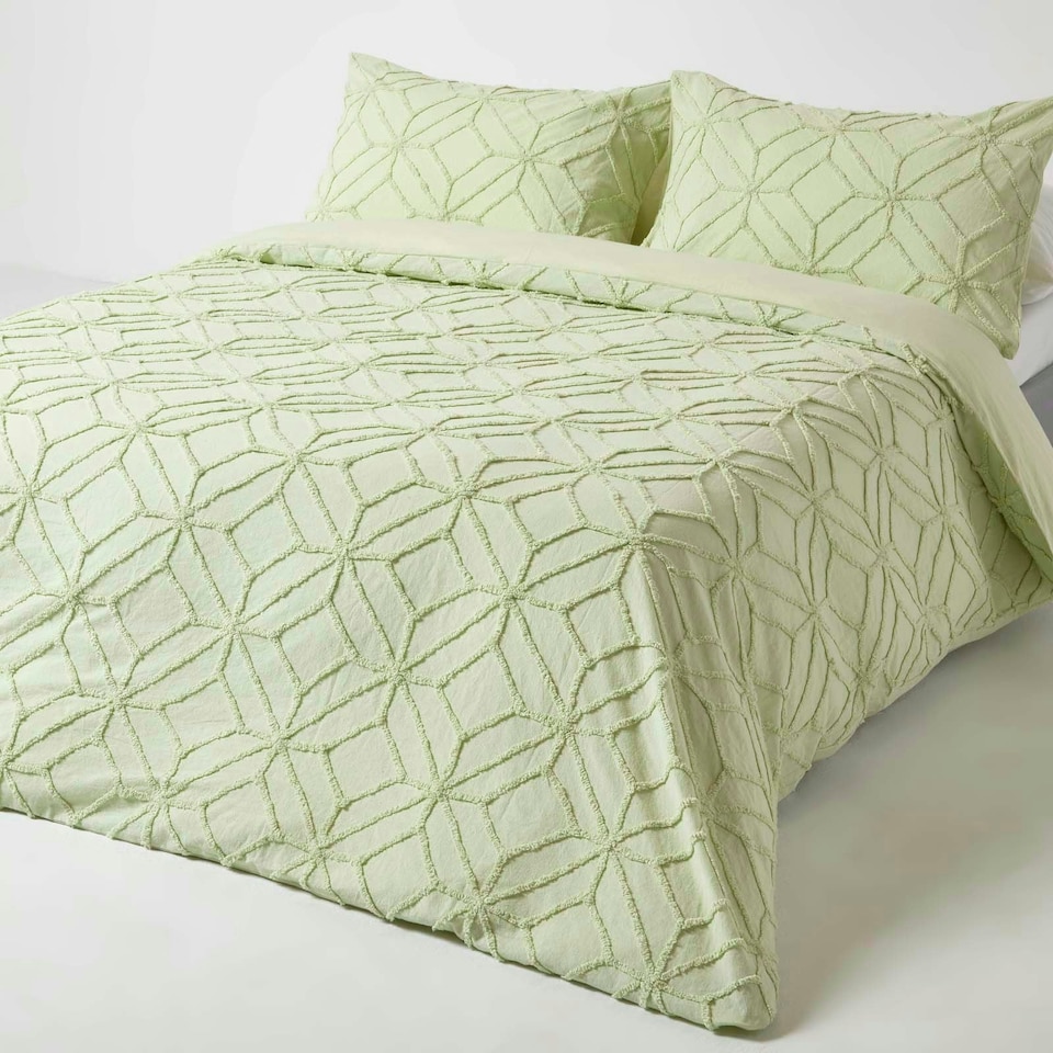 image 1 of Homescapes Sage Green Diamond Cotton Tufted Duvet Cover Set - King | Multi | King