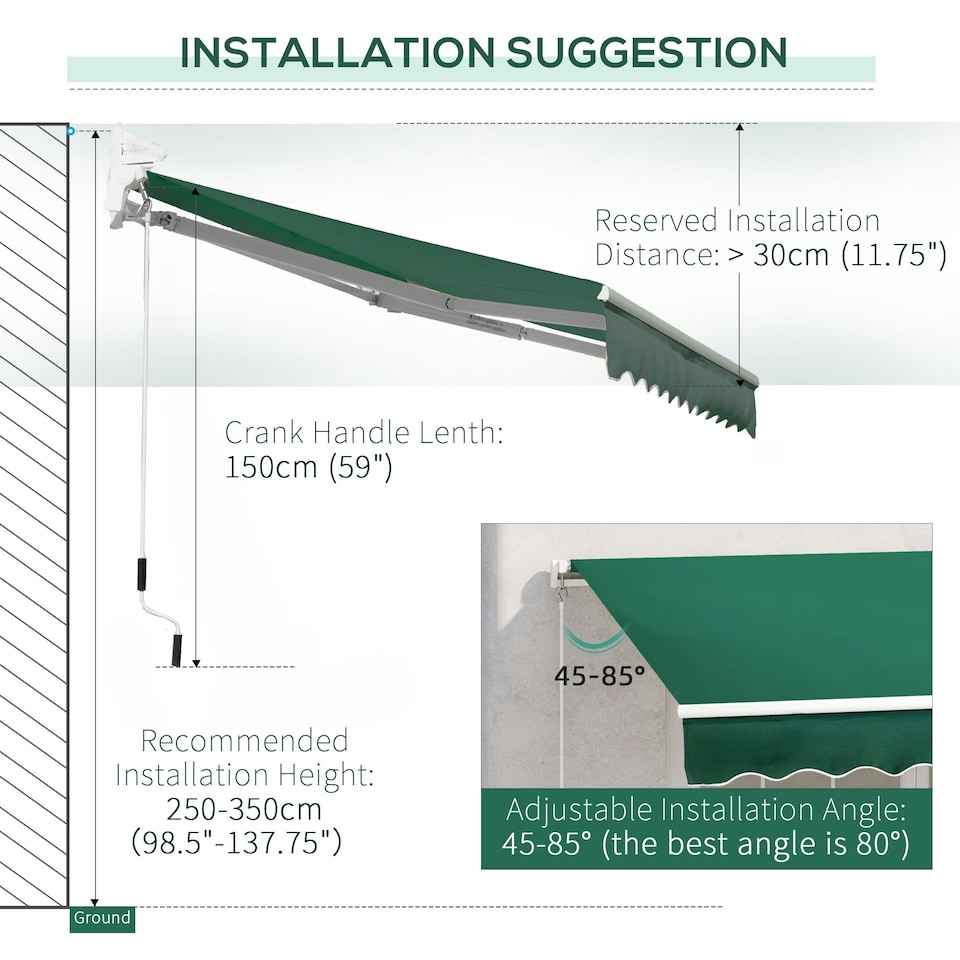 image 1 of Outsunny Manual Retractable Awning Garden Shelter Canopy 3 x 2m Green