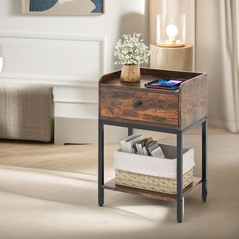 image 1 of Bedside Nightstand Table With Drawer Rustic Brown Brown