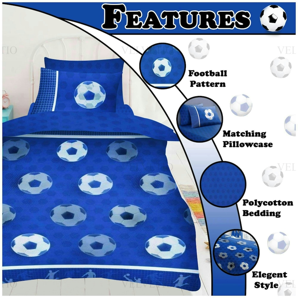 image 1 of VELVETIO Football Goals Duvet Cover Set Soft Polycotton Reversible Kids Beddings Blue | Double