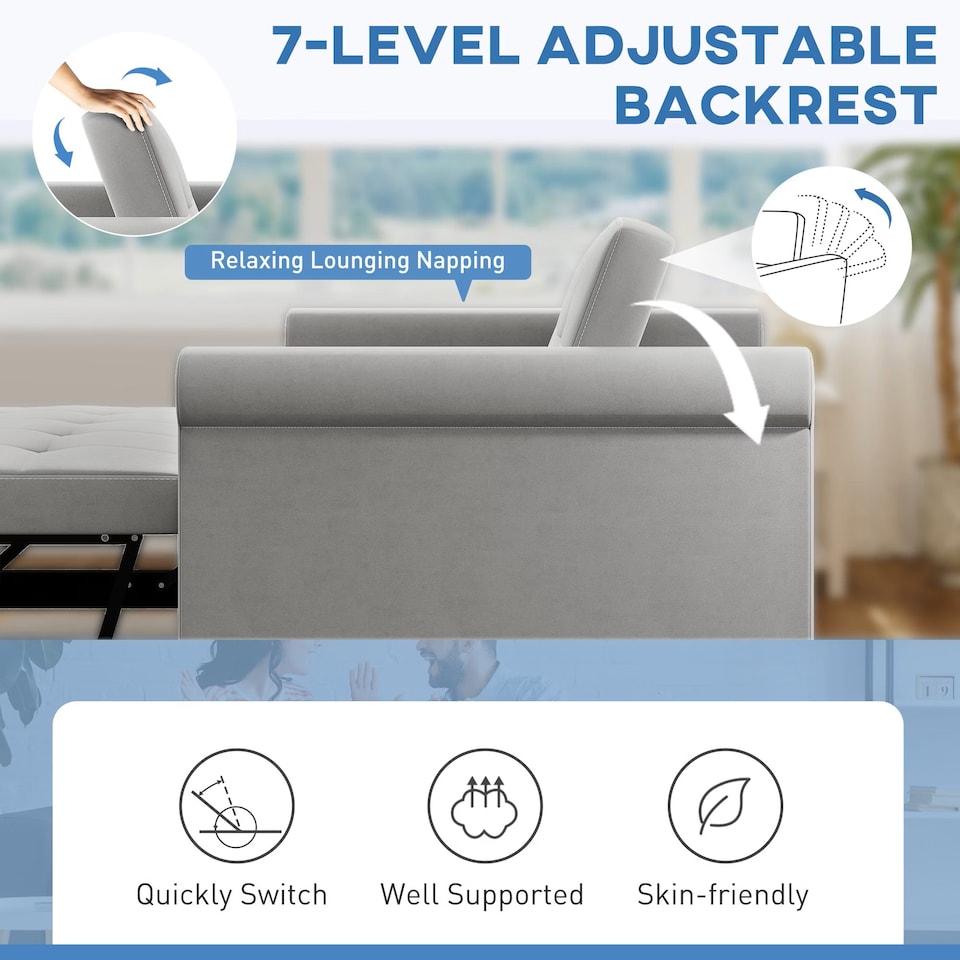 image 1 of HOMCOM 2 Seater Sofa Bed with 7-Position Adjustable Backrest, Convertible Pull Out Sleeper Sofa, Mid-Century Modern Fabric Bed Settee for Living Room, Guest Room, Grey