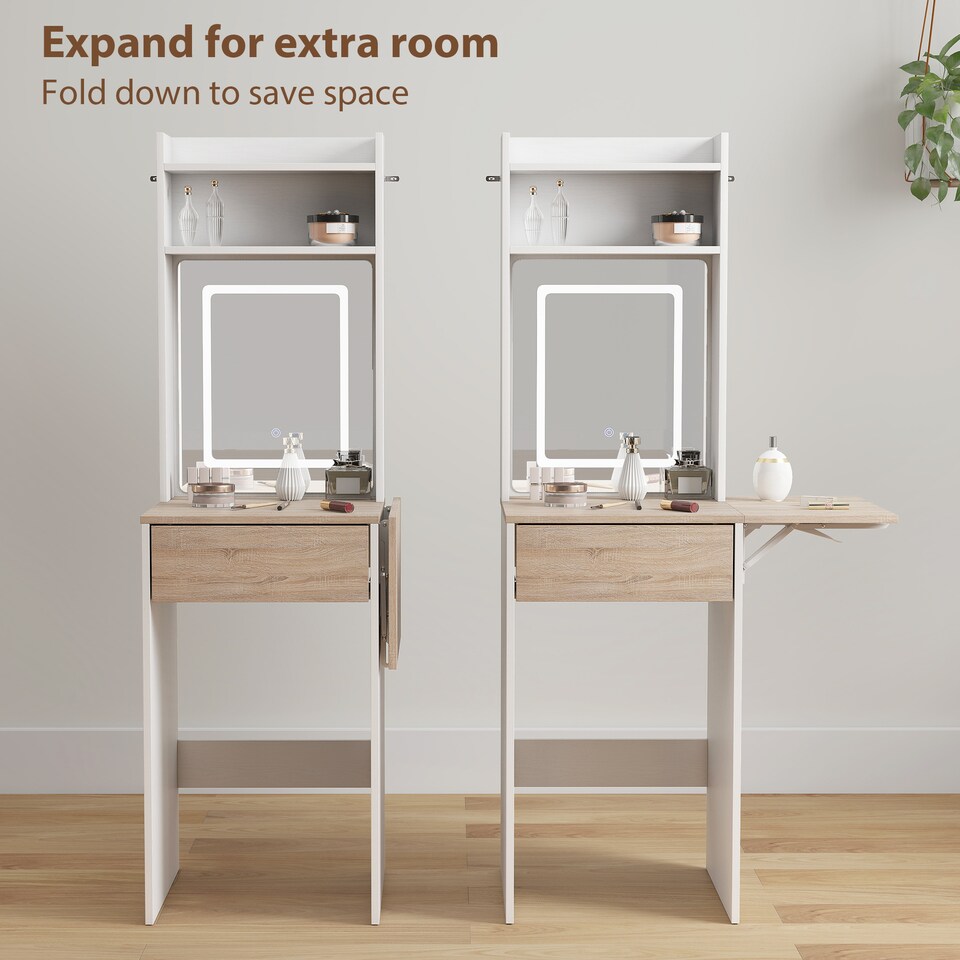 image 1 of HOMCOM Compact Dressing Table with Lighted Mirror Open Shelves Drawer | White