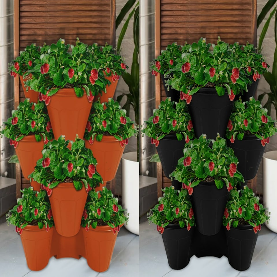 image 1 of Trio Stackable Stacking Strawberry Planter Plant Flower Pot Herb Garden Patio UK Black