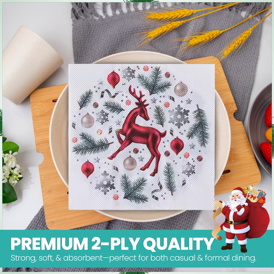 image 1 of 33 x 33cm White 2 Ply Disposable Christmas Dinner Napkins - 20 Pack
