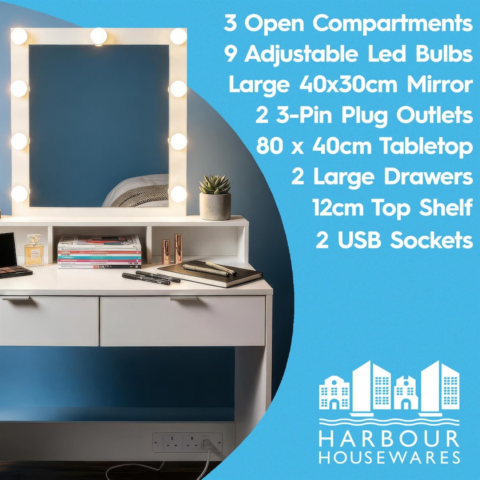image 1 of Harbour Housewares Wooden Dressing Table Set with LED Lights & Pink Stool - White | White | White/Pink