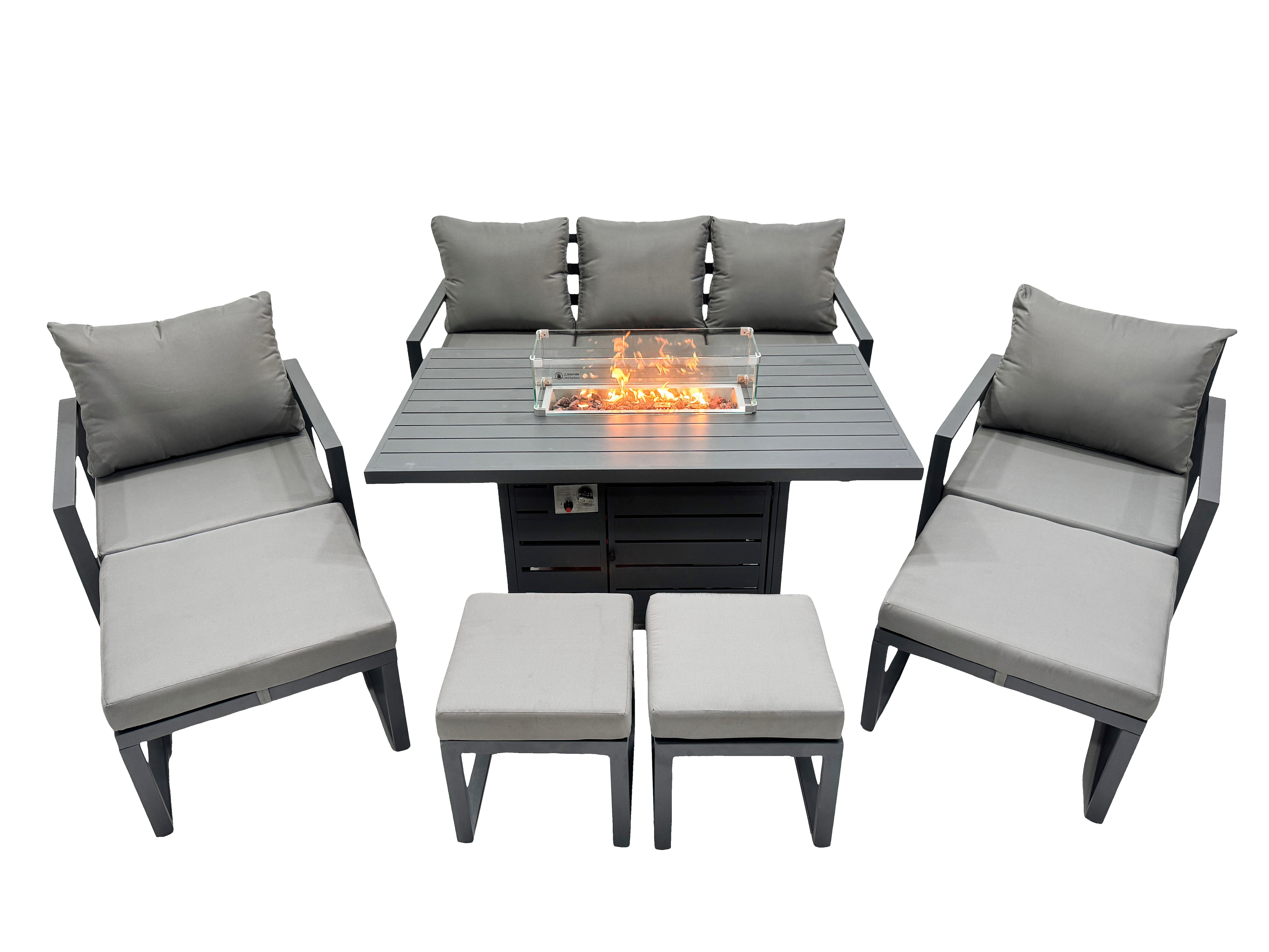 Fimous 9 Seat Outdoor Garden Furniture Set Aluminium Lounge 3 Seat Sofa Gas Fire Pit Table Sets with Chair 4 Stools Dark Grey
