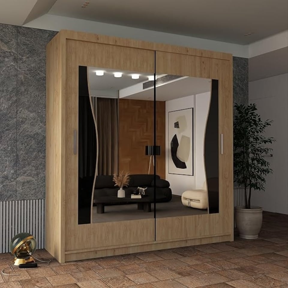 image 1 of Modern Sliding Wardrobe 120cm with Wavy Mirror Design | White, Black, Grey, Oak Finish Brown | Oak120cm
