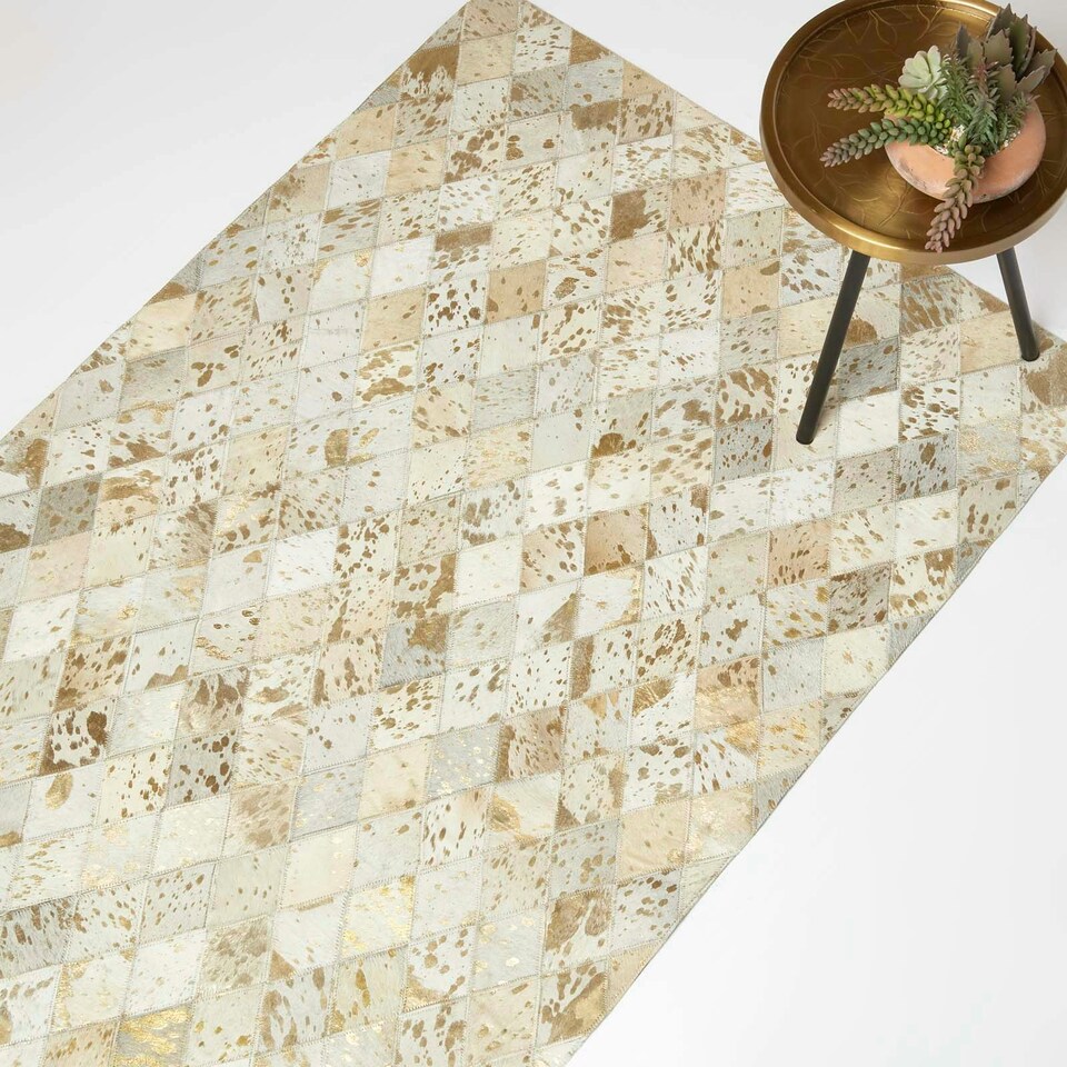 image 1 of Homescapes Gold and Grey Geometric Diamond Leather Rug - 90 x 150 cm