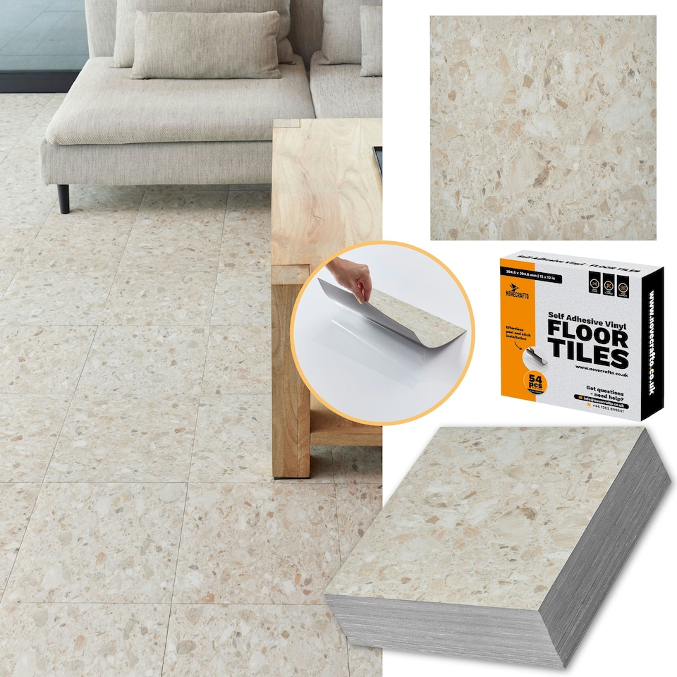 image 1 of NOVECRAFTO Vinyl Floor Tile – Self Adhesive 12x12 in – Desert Terrazzo – Peel & Stick for Kitchen, Bathroom & Living Room – Waterproof & Easy DIY Brown | 4.65 sqm
