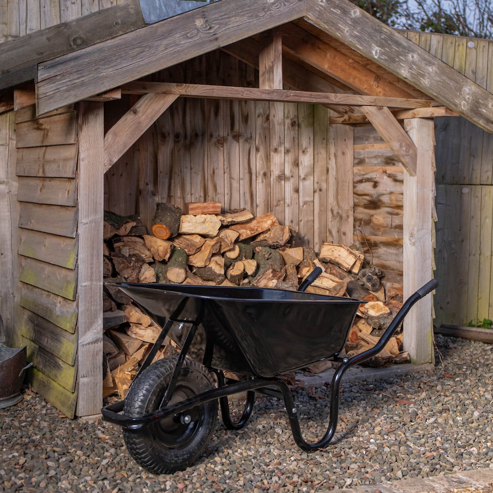 image 1 of 90 Litre 150kg Capacity Heavy Duty Outdoor Galvanised Pneumatic Metal Garden Wheelbarrow in Black