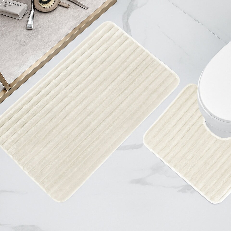 image 1 of Ribbed Bath Mat Set in Cream Beige | Cream | Cream