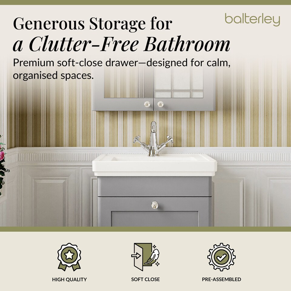 image 1 of Balterley Classic Traditional Bathroom Wall Hung 1-Drawer Vanity Unit & Fireclay Basin | Grey | Satin Grey