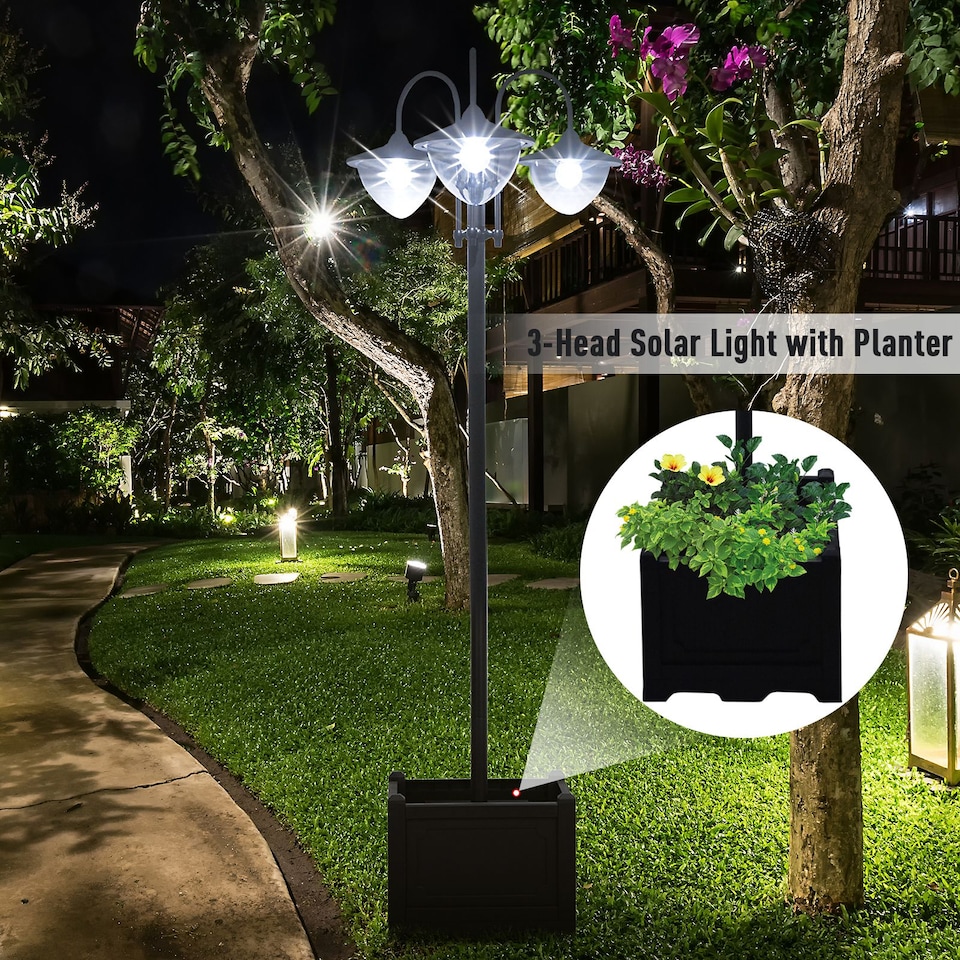 image 1 of Outsunny 3-head LED Solar Light Lamp Street Light Post with Planter Base, Black | Black | Black | 60L x 55W x 189H cm