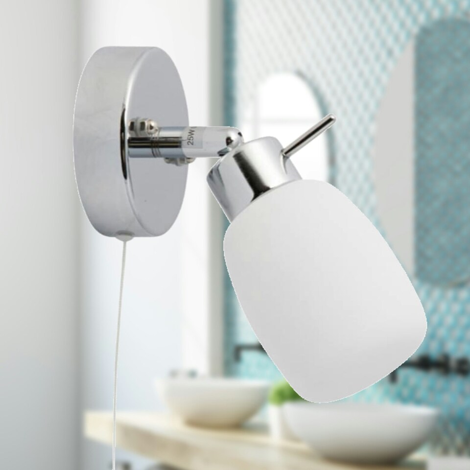 image 1 of First Choice Lighting Set of 2 Brom Chrome Opal Glass IP44 Pull Cord Bathroom Wall Spotlights Chrome