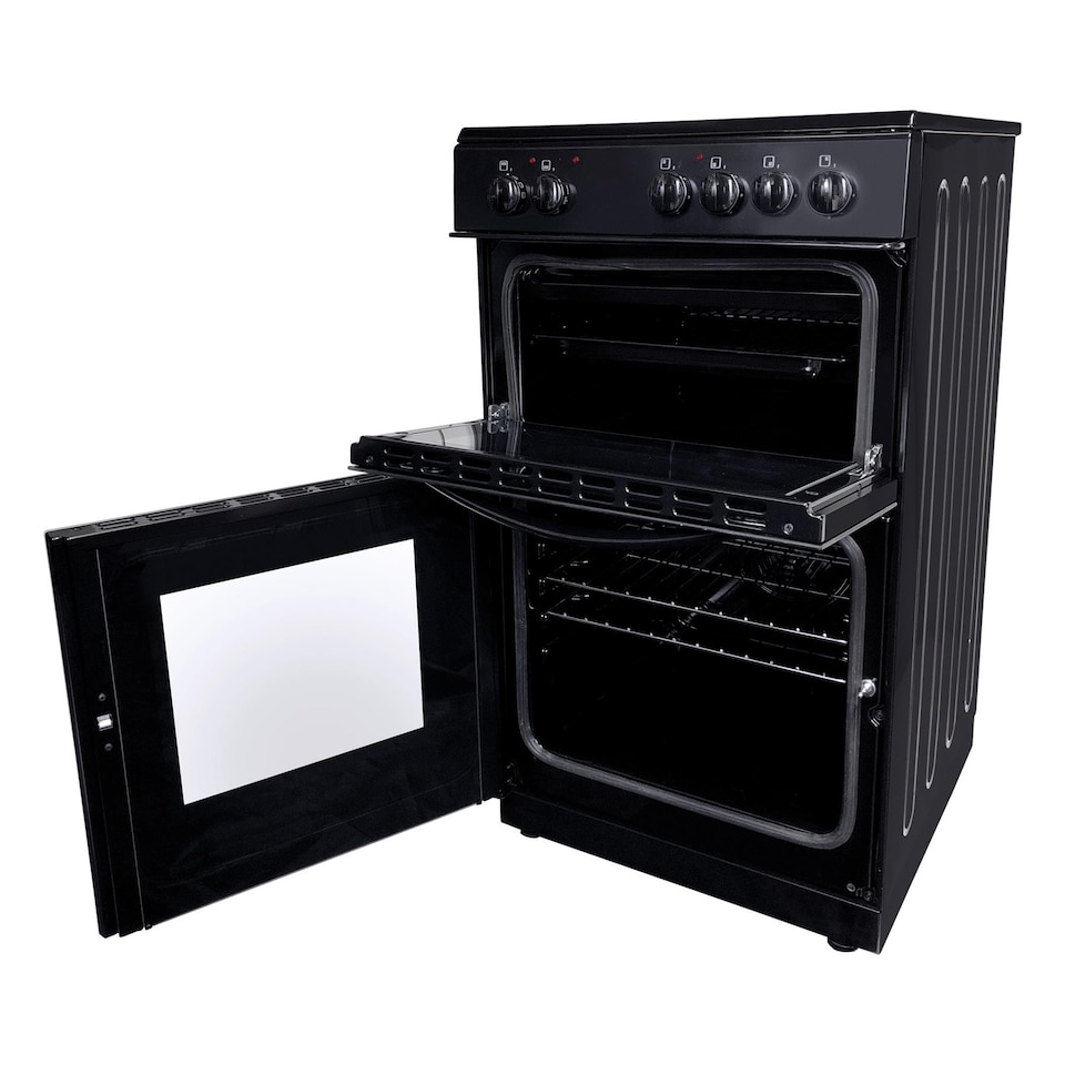 image 1 of Statesman EDC50B Fan Assisted Double Oven Electric Cooker, 4 Zone Ceramic Hob, 50cm Wide, Black