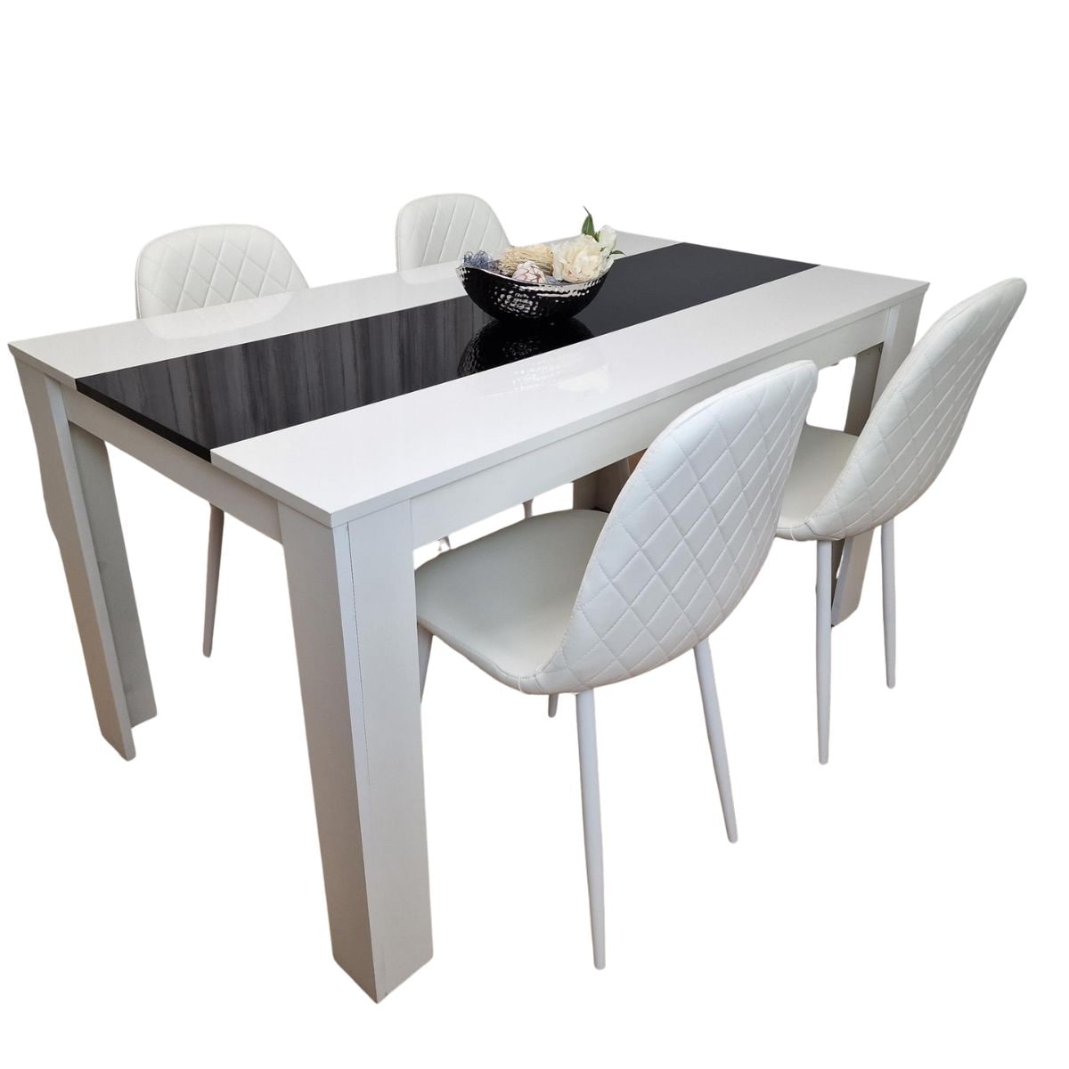 Wooden White Black Dining Table with 4 White Faux Leather Chairs Set