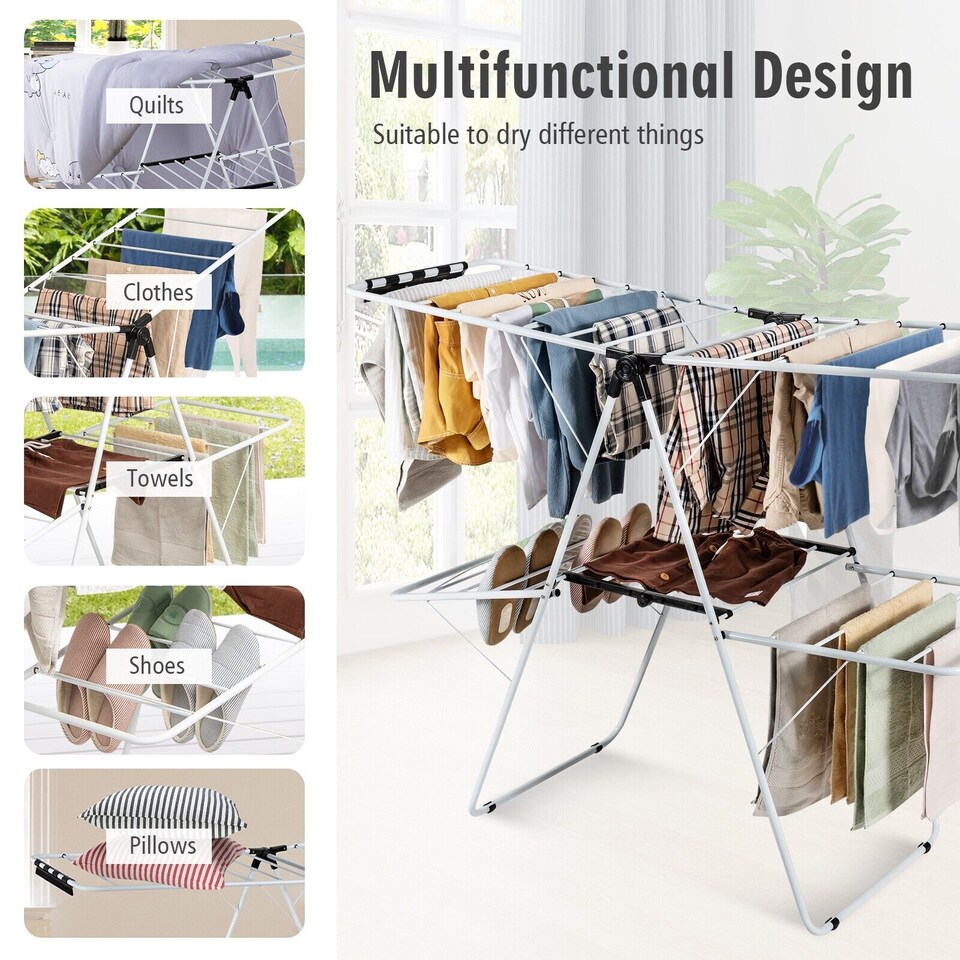 image 1 of COSTWAY Foldable 2 Level Clothes Drying Rack Garment Drying Hanger Height Adjustable