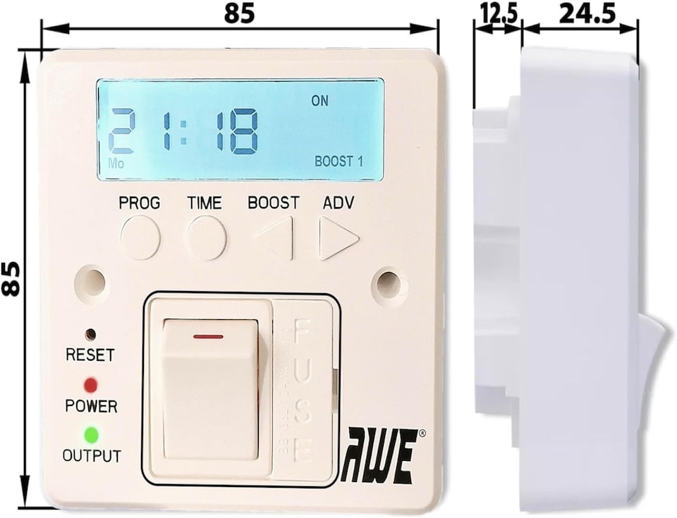 image 1 of Awe 3 x 7-Day Digital Fused Timer Spur Electric Heating, Immersers, Aga-Range Cookers, Towel Rails & Lights 5yr Warranty Programmable Timer & Lit Display Rechargeable Cell 2000hrs Batt Memory