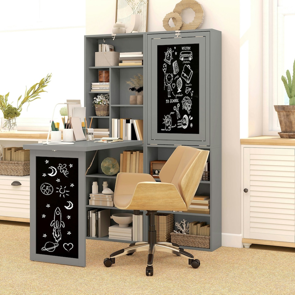 image 1 of HOMCOM Folding Convertible Desk with Blackboard and Bookshelf, Grey