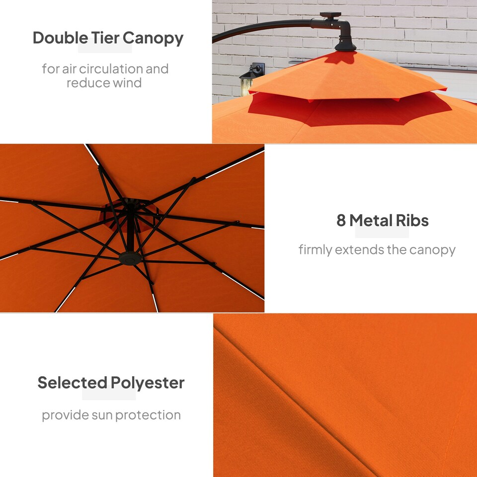 image 1 of Outsunny 3(m) Cantilever Parasol Hanging Banana Umbrella w/ lights, Orange Orange | Orange