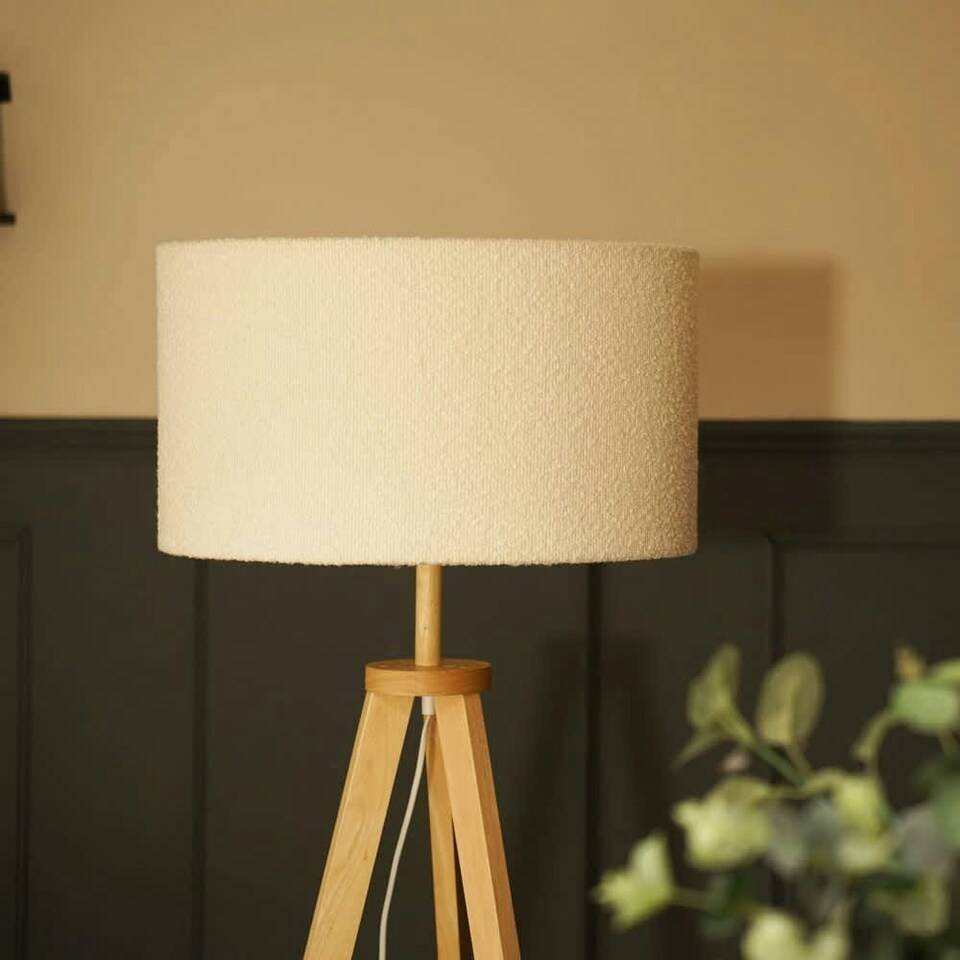 image 1 of ValueLights Morrigan Cream Boucle Shade Wood Tripod Floor Lamp & Bulb Cream