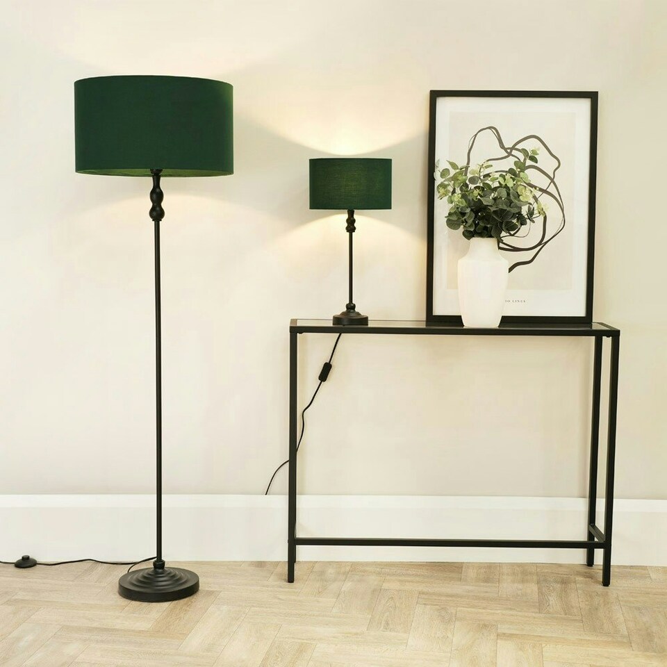 image 1 of ValueLights Maggie Black Metal Candlestick Slim Table Lamp with Forest Green Fabric Drum Lamp Shade