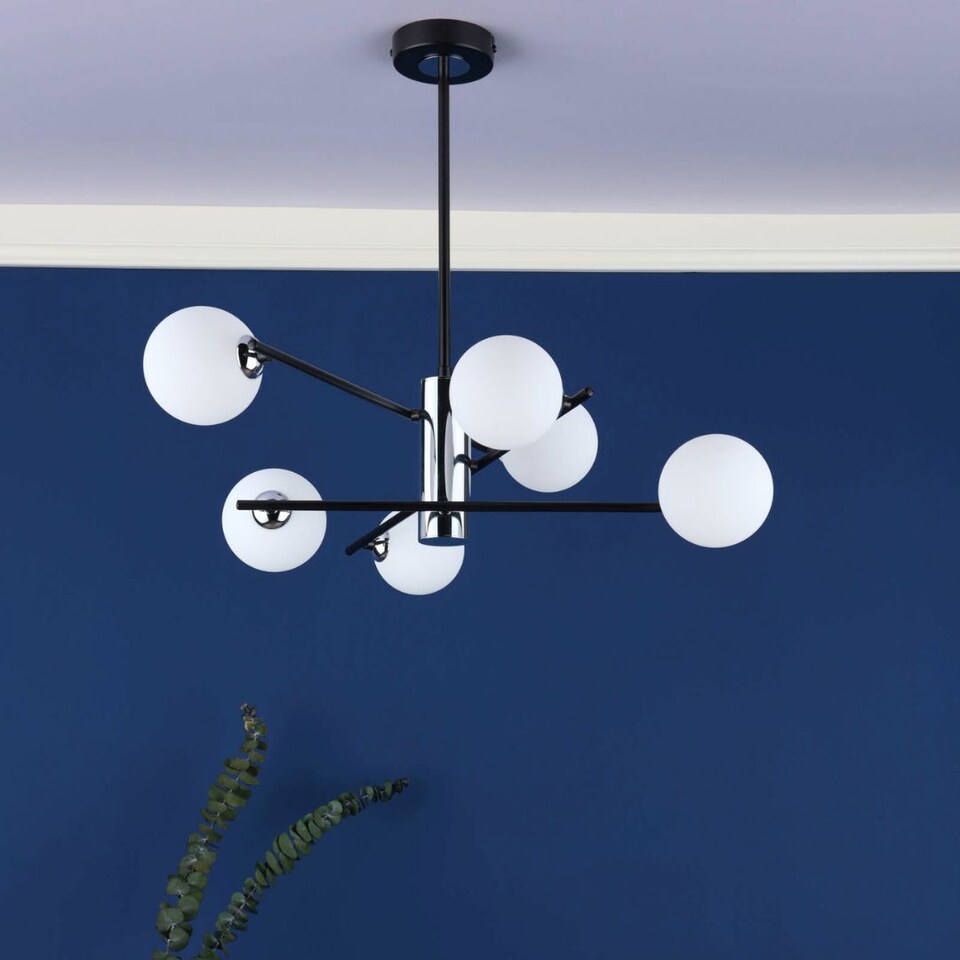 image 1 of Eaen 6 Light Semi Flush Black Ceiling Light with Opal Glass