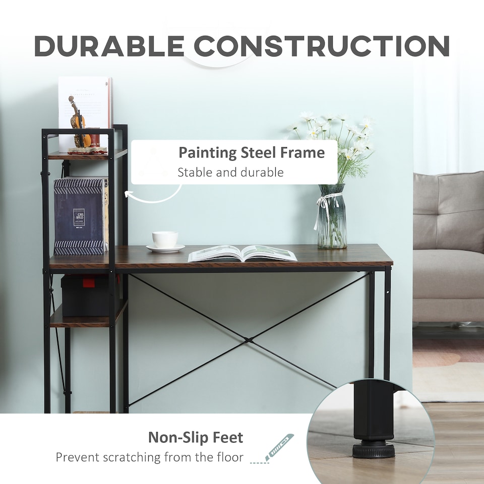 image 1 of HOMCOM Reversible Computer Desk with Storage Shelves on Left or Right, Industrial Reversible Writing Desk for Home Office, Study, Easy Assembly, 120 x 64 x 121cm, Rustic Brown and Black