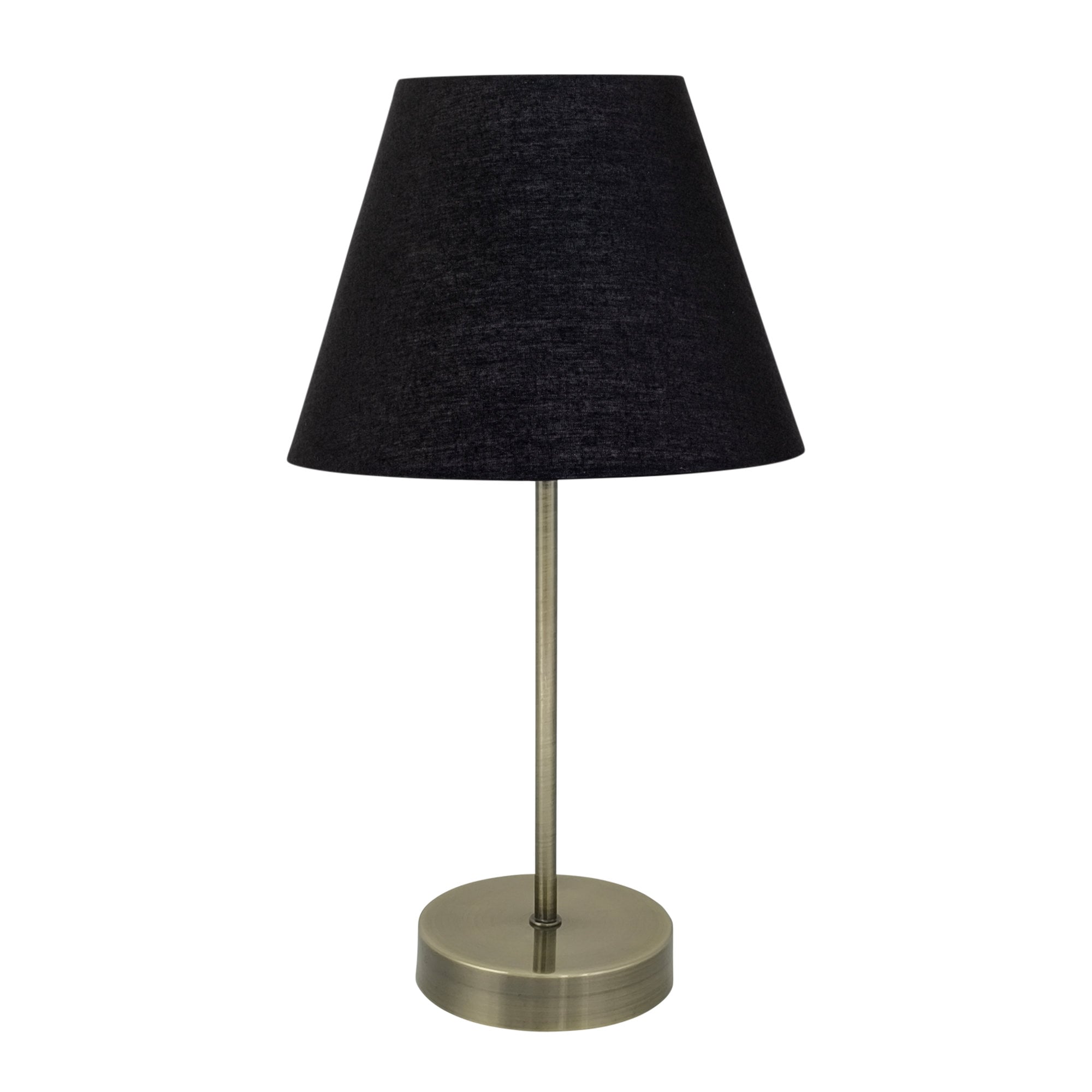 First Choice Lighting Antique Brass Stick Table Lamp with Black Fabric Shade in Bronze