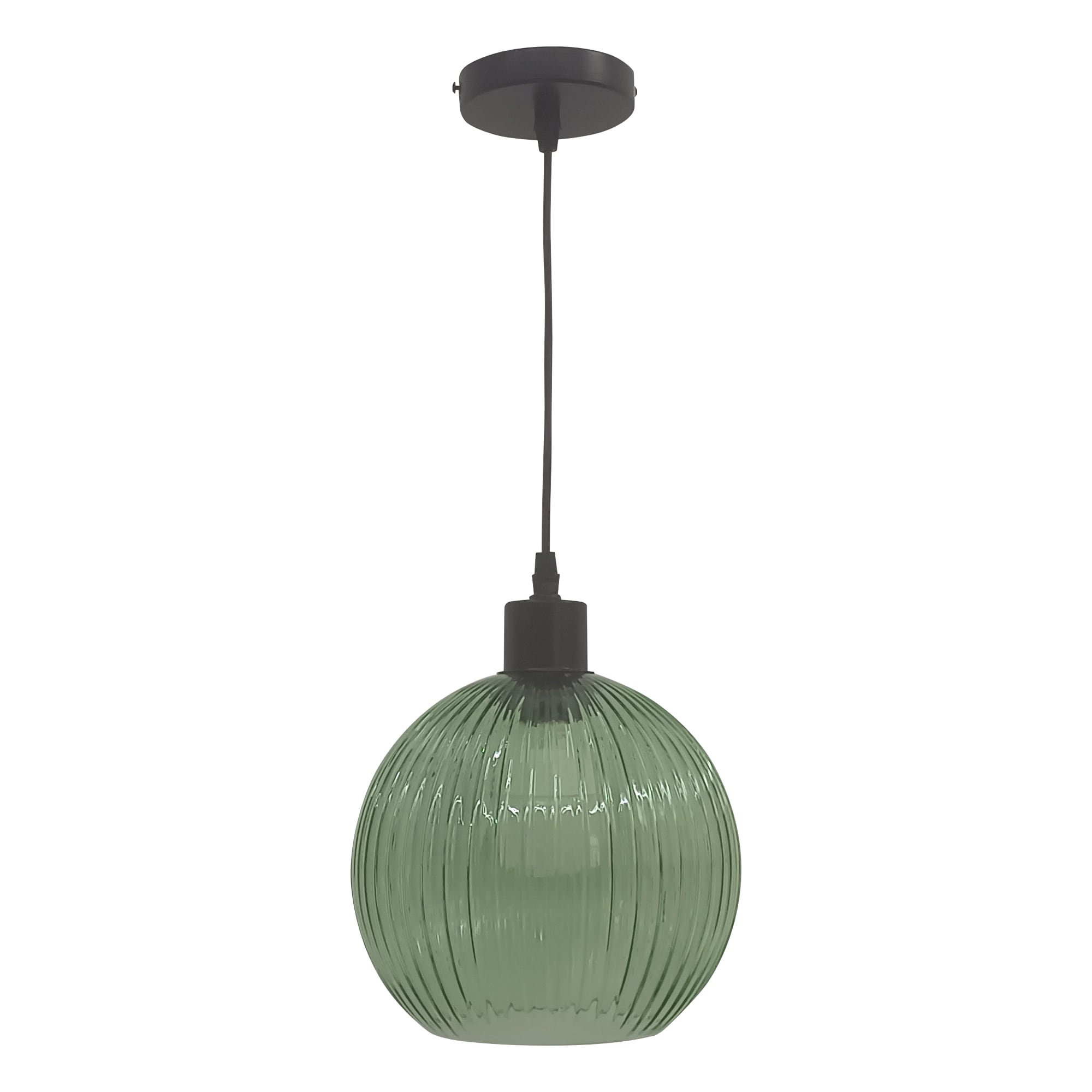 First Choice Lighting Betchley - Green Ribbed Glass Globe with Black Pendant Fitting