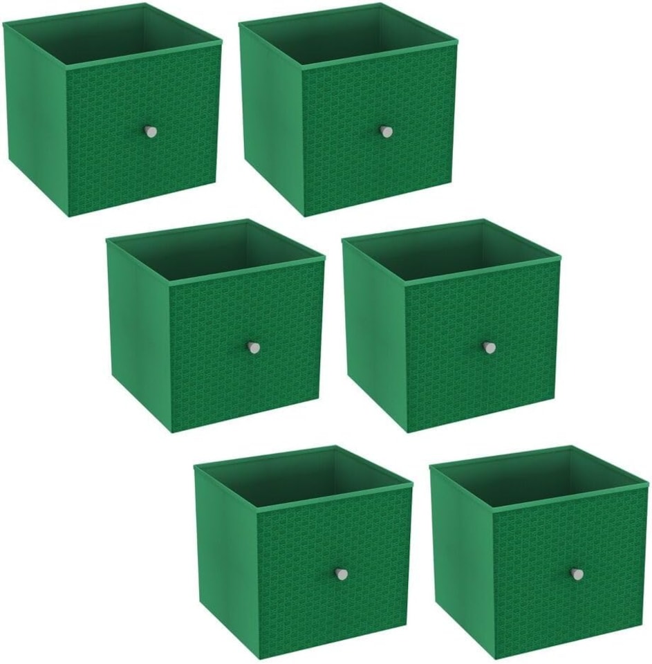 image 1 of Foldable Woven Fabric Storage Cube Box Drawer Insert Organiser Basket with Handle | Green | Green | Pack of 6 | 6