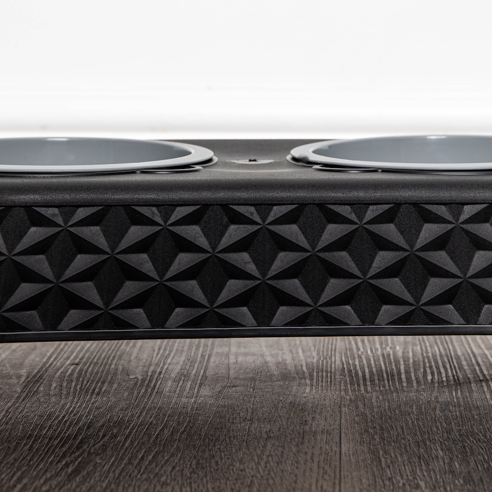 image 1 of 16cm x 9cm Black Plastic Raised Double Pet Bowl Feeding Station with Stand