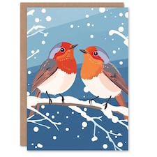 Two Robin Birds on Snow Tree Branch Blank For Him Or Her Art Xmas Festive Christmas Card