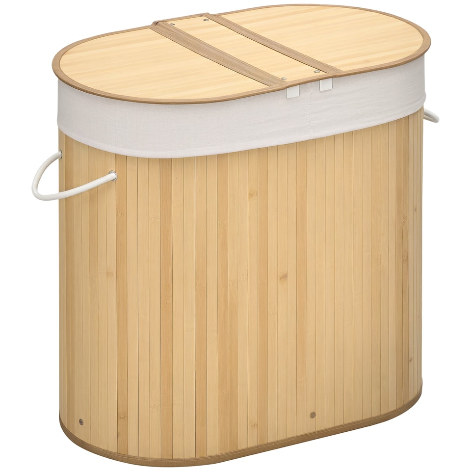image 1 of HOMCOM Bamboo Laundry Basket with Lid, 100 Litres Laundry Hamper with 2 Sections, Removable Washable Lining, Washing Baskets, 62.5 x 37 x 60.5cm, Natural