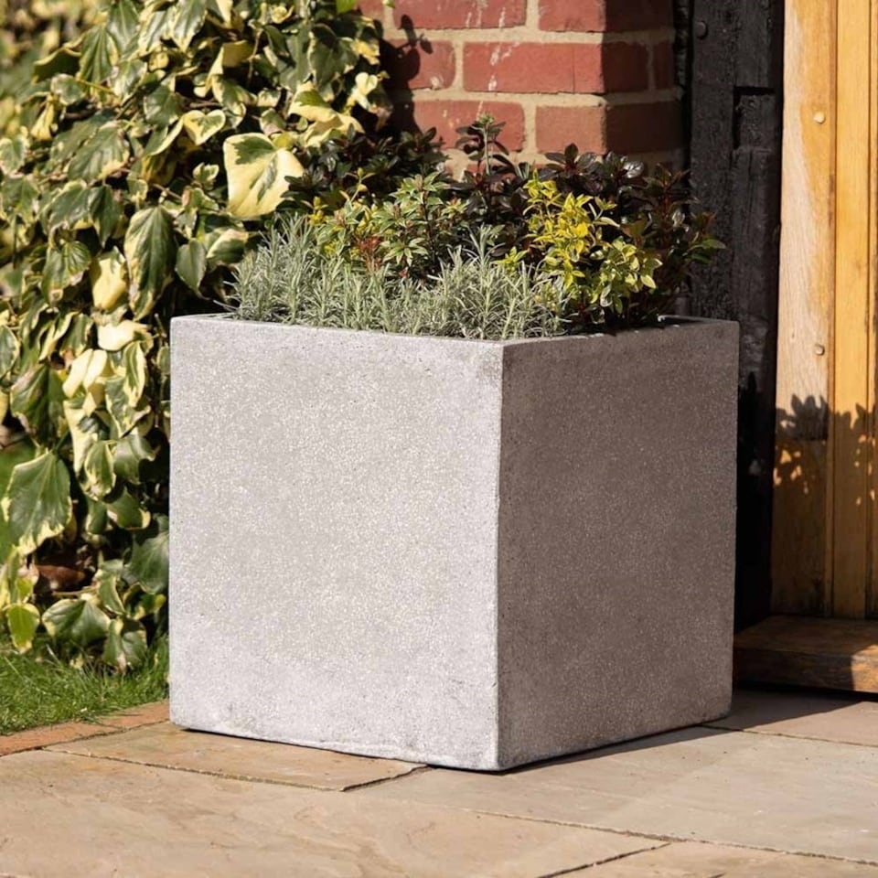 image 1 of Primrose Grey Cube Handmade Fiberstone Indoor Outdoor Planter 50cm