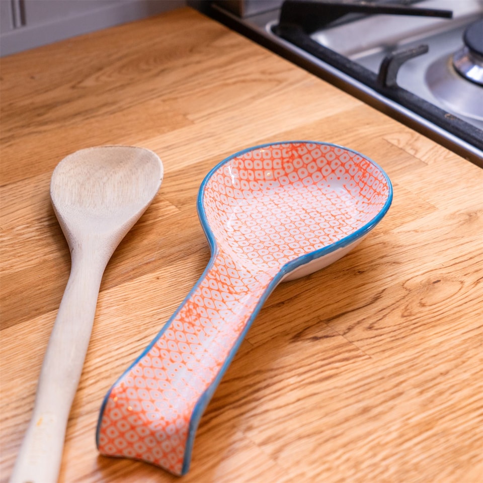 image 1 of Nicola Spring Hand-Printed Kitchen Spoon Rests - 26.5cm - Orange & Navy (2pc)