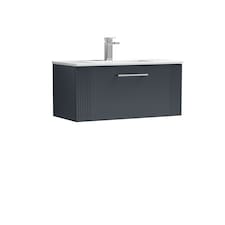 Balterley Partial Fluted 1 Drawer Wall Hung Vanity Unit with 1 Tap Hole Minimalist Basin | Grey | Satin Soft Black
