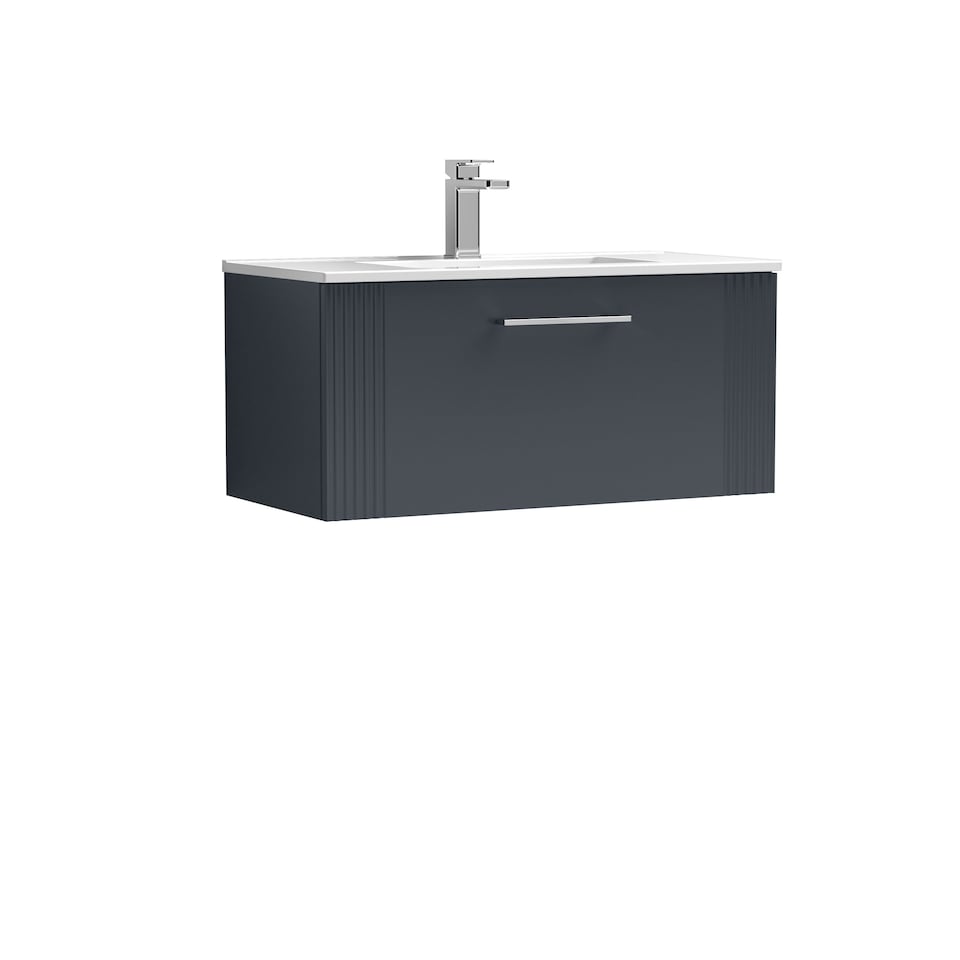 image 1 of Balterley Partial Fluted 1 Drawer Wall Hung Vanity Unit with 1 Tap Hole Minimalist Basin | Grey | Satin Soft Black