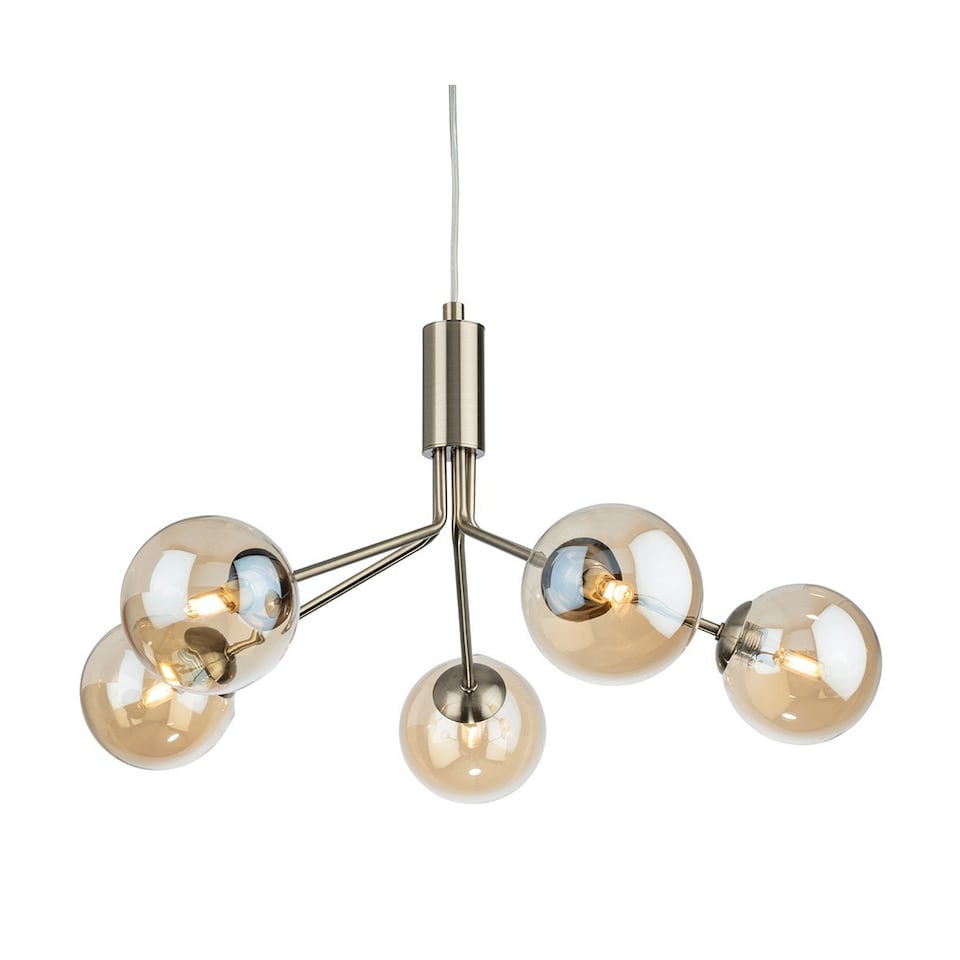 Montana 5 Light Globe Fitting Antique Brass with Amber Glass